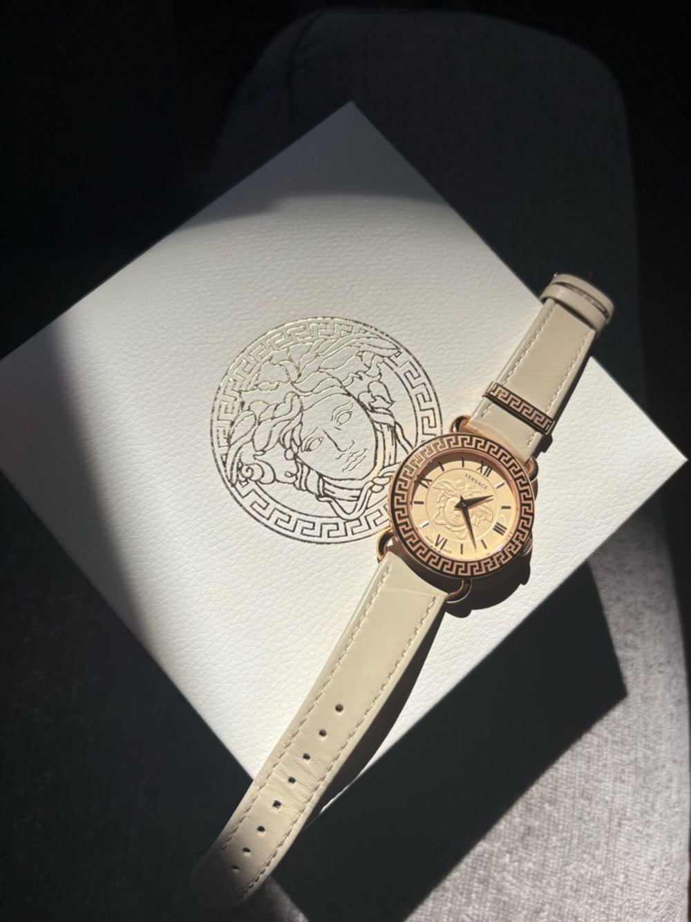 Versace Rose Gold Medusa Dial Watch with Cream Leather Strap